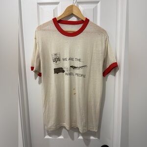 Vintage 1970s-80s UPS Men's Cream Ringer T-Shirt with Red Trim medium distressed